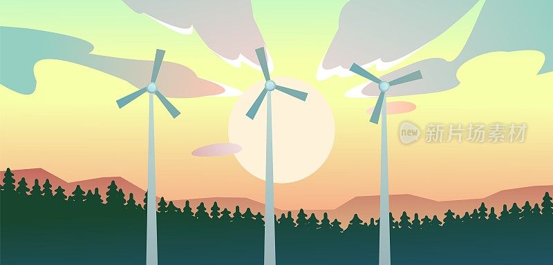 风力发电机。清洁可再生能源。有风车的风景。针叶林上的日出。卡通趣味风格。平面设计。向量。