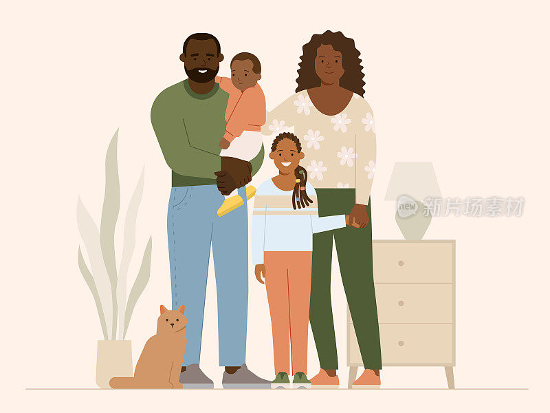 黑人家庭的肖像，孩子，母亲，父亲和宠物