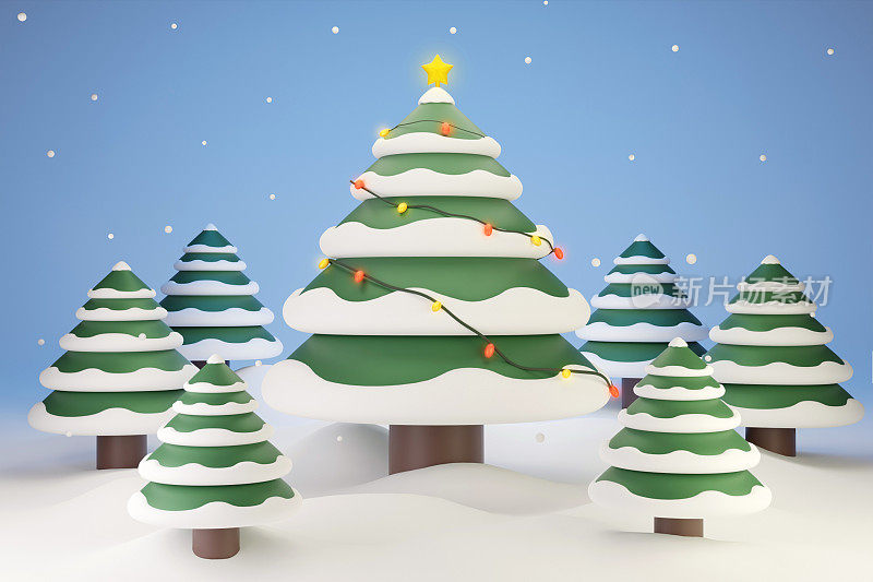 大圣诞树装饰着鳞茎，周围是雪山上的小松树。3D插画可爱的卡通风格的新年和冬季庆祝季节贺卡。