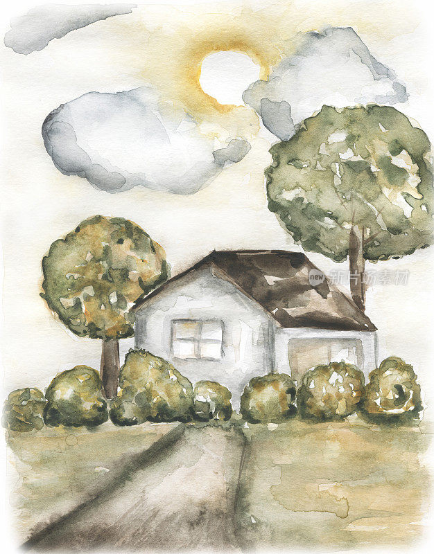 水彩乡村生活构图，乡村插画，树与云和太阳。卡片邀请设计