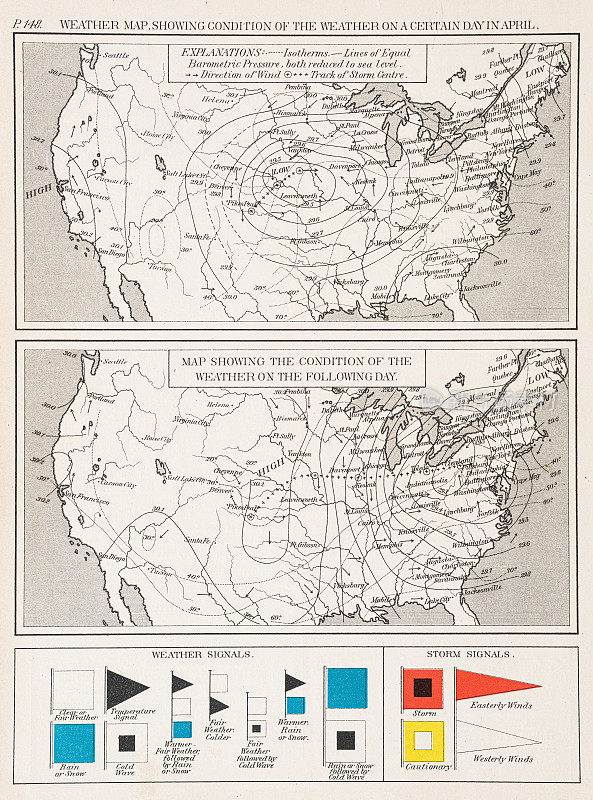 显示1892年天气状况的美国地图