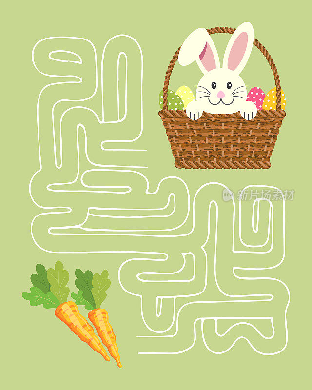 迷宫游戏，兔子在复活节彩蛋和胡萝卜的篮子里。儿童益智游戏。