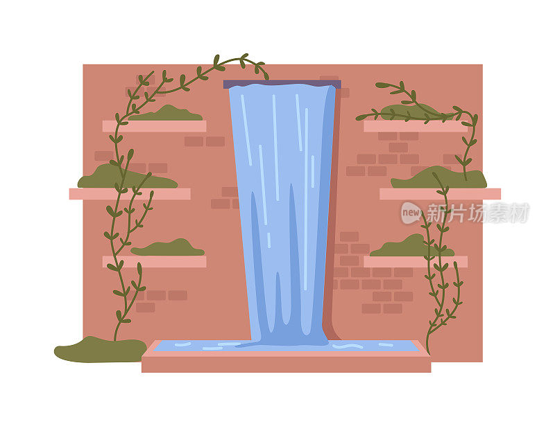 瀑布与热带爬行花，喷泉与水流和砖墙。游泳池或水库，公园装饰。矢量平面卡通插图