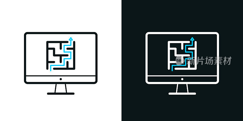 带有迷宫的台式电脑。黑色或白色背景上的双色线条图标-可编辑笔触