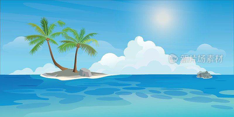 热带小岛，在阳光明媚的日子里，在海边有棕榈树。旅游在夏季的概念矢量插图背景。