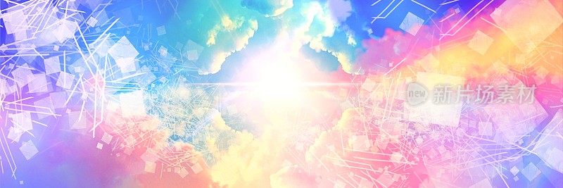 一个美丽的天堂入口的大尺寸幻想景观插图，几何纹理通过彩虹色的云闪耀着神圣的光芒。