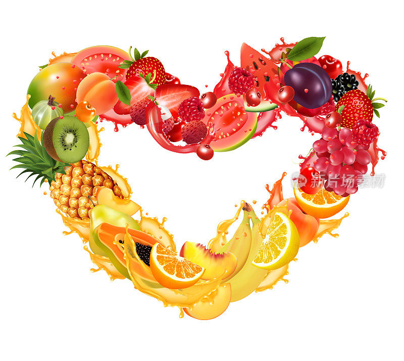 水果和浆果的果汁，收集成一个心形。草莓，覆盆子，蓝莓，黑莓，橙子，番石榴，西瓜，菠萝，芒果，桃子，苹果，猕猴桃，香蕉。向量