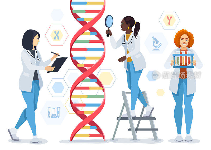 非裔美国女医生角色正在用放大镜测试DNA。有试管的科学家。科学实验室，化学科学家和临床实验室。