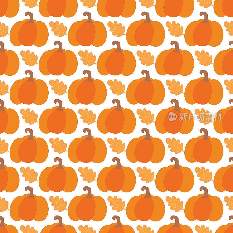南瓜矢量图案。秋日农家乐天衣无缝的背景。收获带叶子的橙南瓜