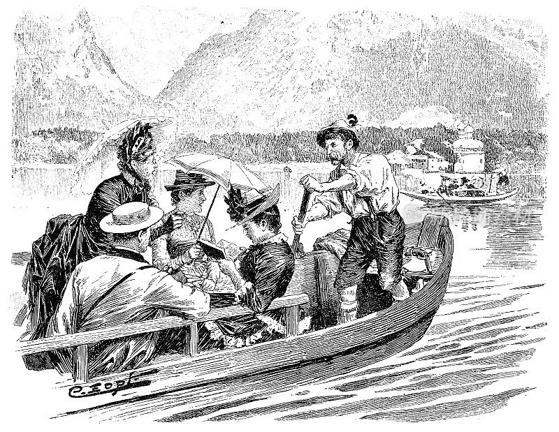 一家人在湖上乘船旅行，平底船