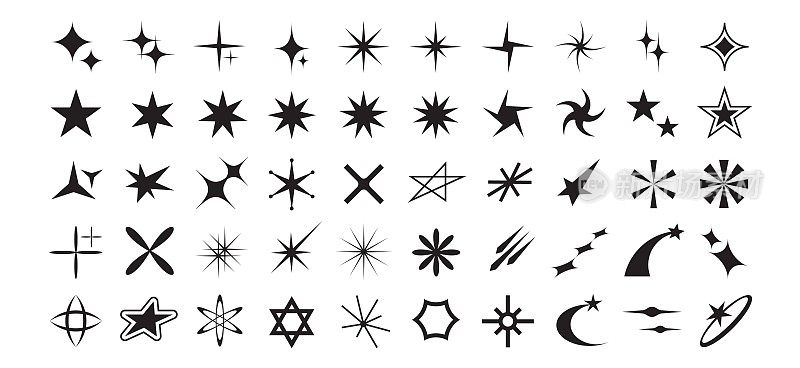 千年虫星图标。复古火花形状抽象野兽主义恒星星系符号。星爆辉光，未来的光芒几何孤立矢量集