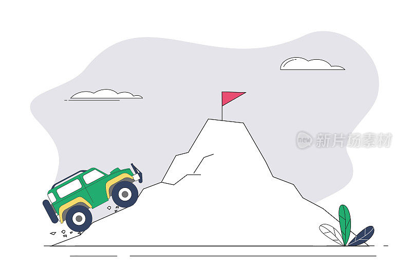 越野车向山顶上的目标爬去。