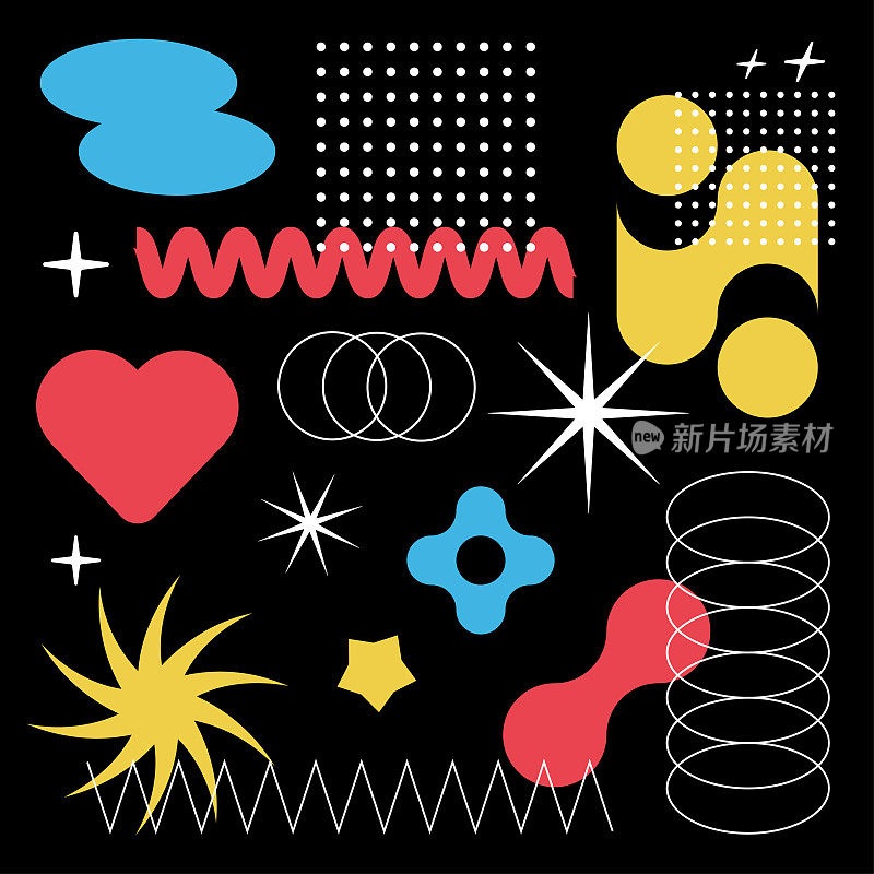 时髦的Y2K抽象复古元素，标志和符号集。2000年代美学中的装饰矢量物体。