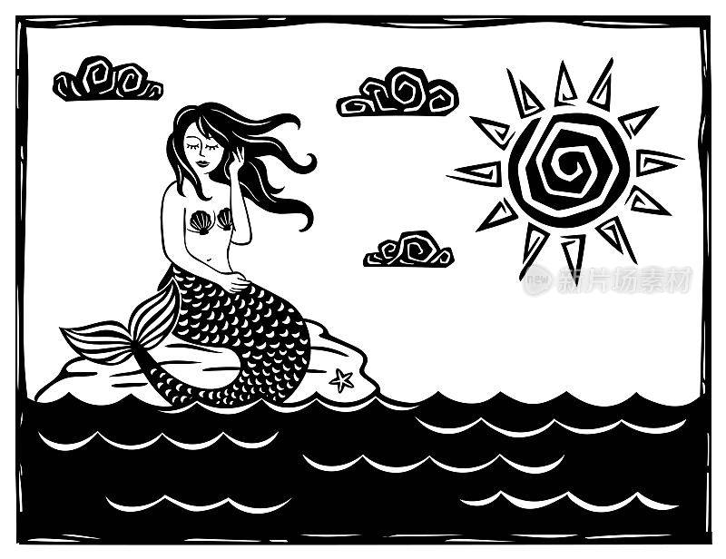 阳光下美人鱼坐在石头上。单色向量。希腊神话中古老的神奇生物。复古风格，弦式木刻