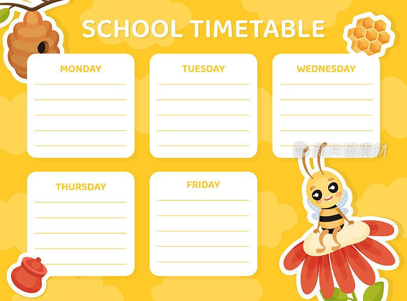 可爱的蜜蜂学校时间表设计与繁忙的昆虫对花矢量模板