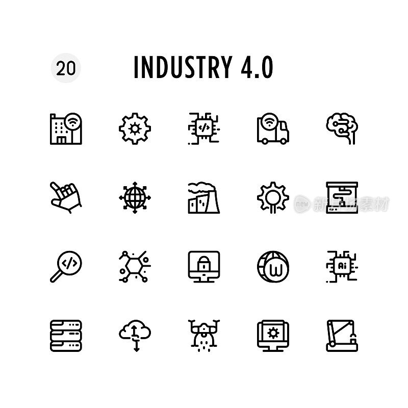 工业4.0线图标集。可编辑的中风。像素完美。