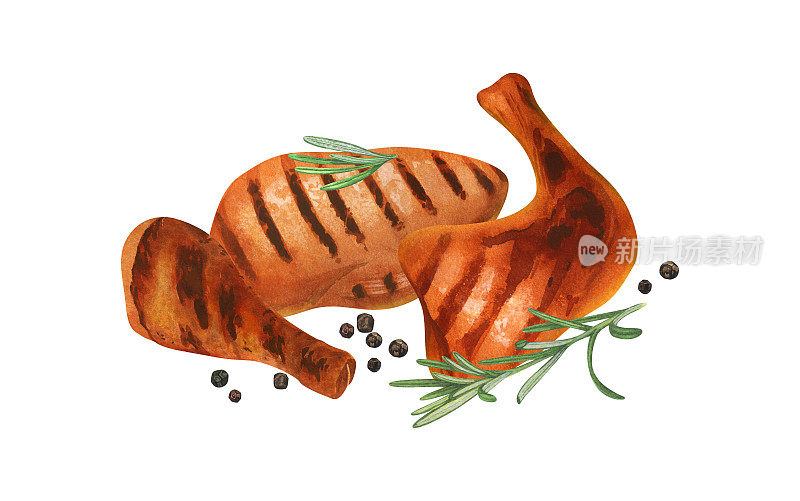 水彩画组烧烤烤鸡排和烤肉串。手绘插图孤立在白色背景。完美的菜单屠宰食品，肉类产品