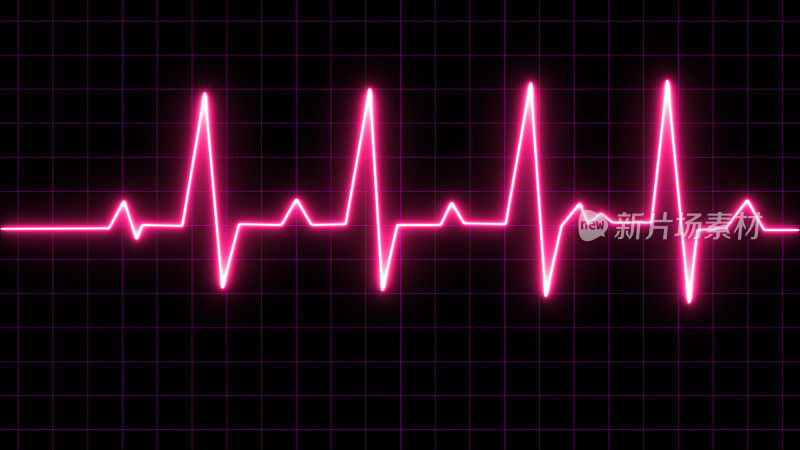 霓虹心脏跳动脉搏在粉红色的插图。心电心电监护仪，心电图心脉线波。心电图医学背景。