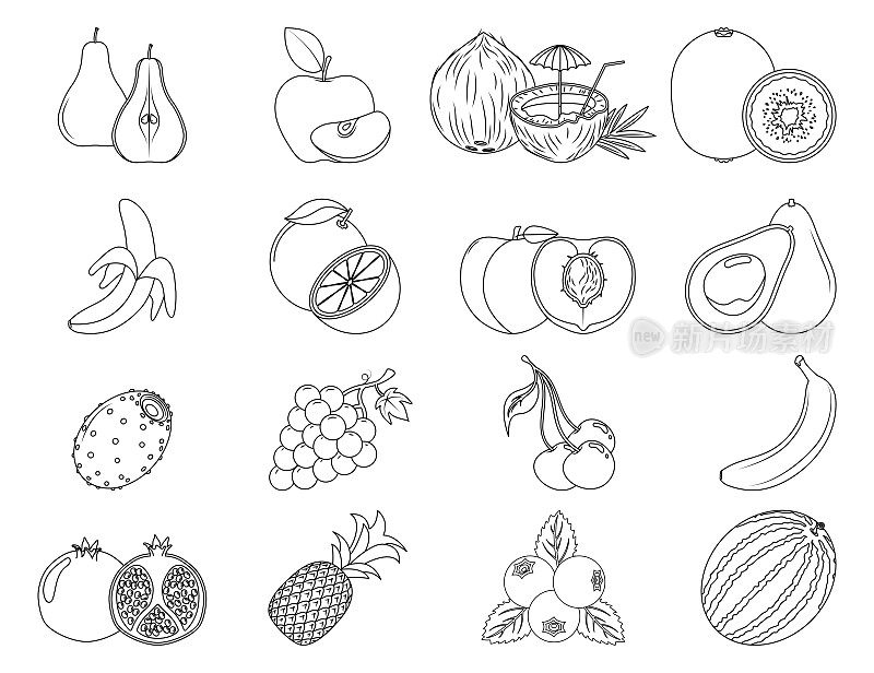 一套水果插图与轮廓画。着色和学习，线图标。