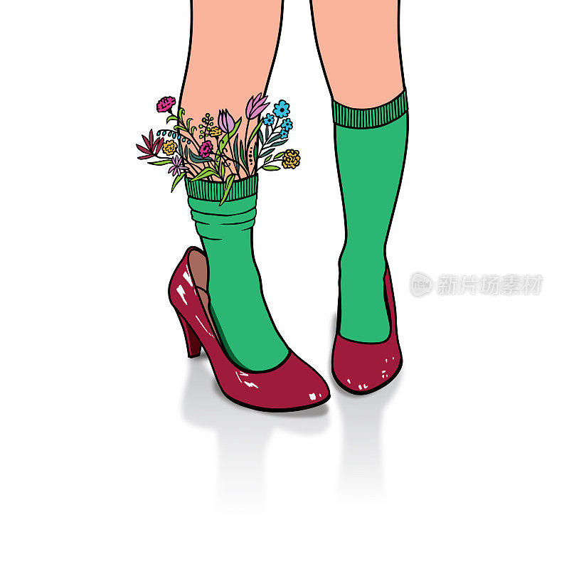 红色的高跟鞋和绿色的袜子，上面有花。