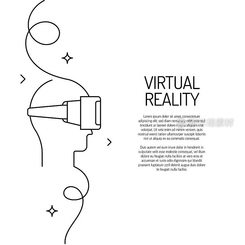 虚拟现实图标的连续线条绘制。手绘符号矢量插图。