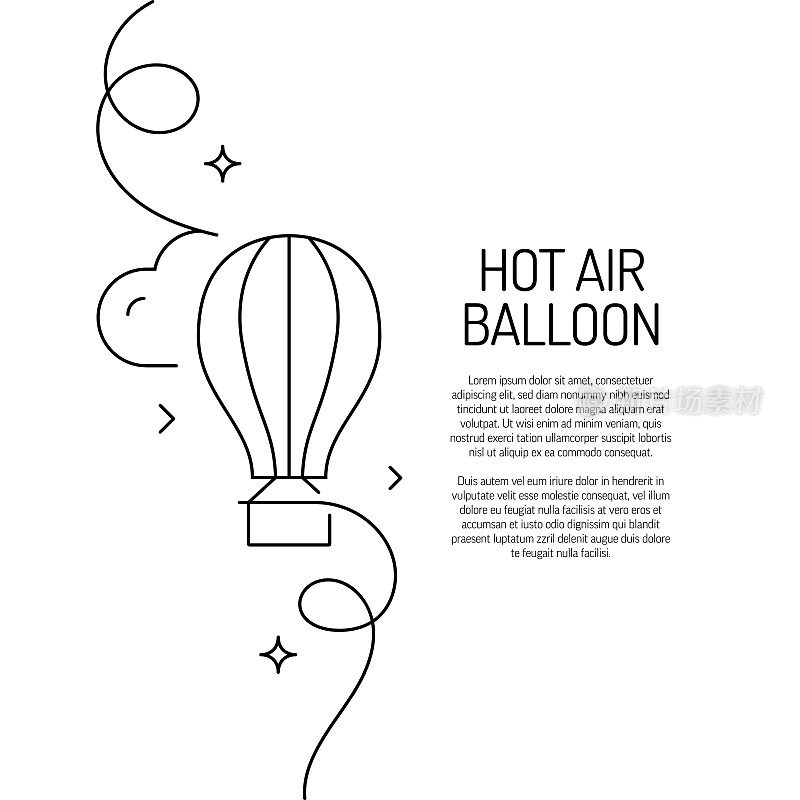 连续线绘制的热气球图标。手绘符号矢量插图。
