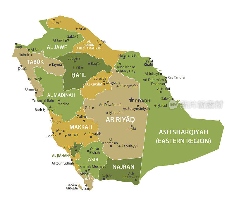 沙特阿拉伯地图。沙特阿拉伯矢量彩色地图