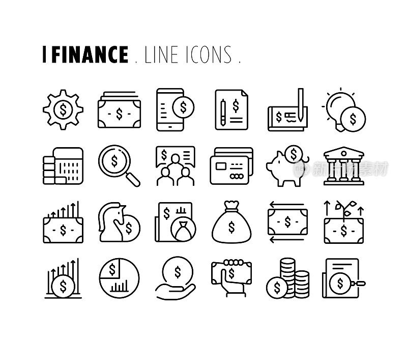 财务线图标集。可编辑的中风。像素完美。