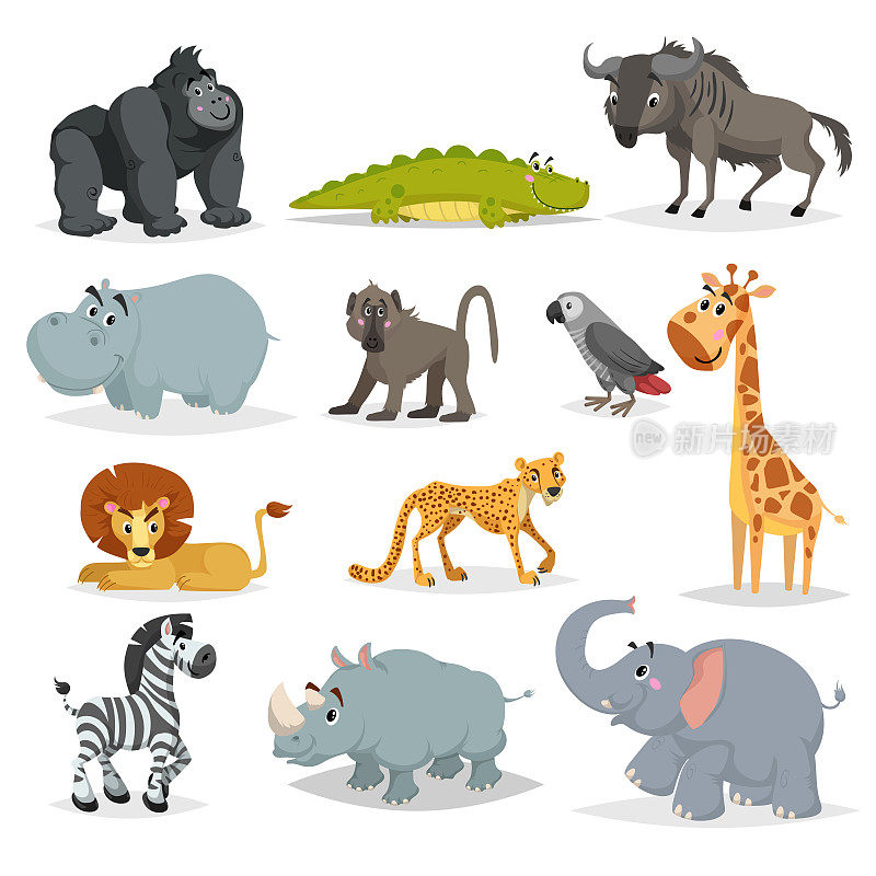 可爱的卡通非洲动物设置。大猩猩、鳄鱼、角马、河马、狒狒、灰鹦鹉、长颈鹿、狮子、猎豹、斑马、犀牛和大象。丛林，草原和野生动物的载体。