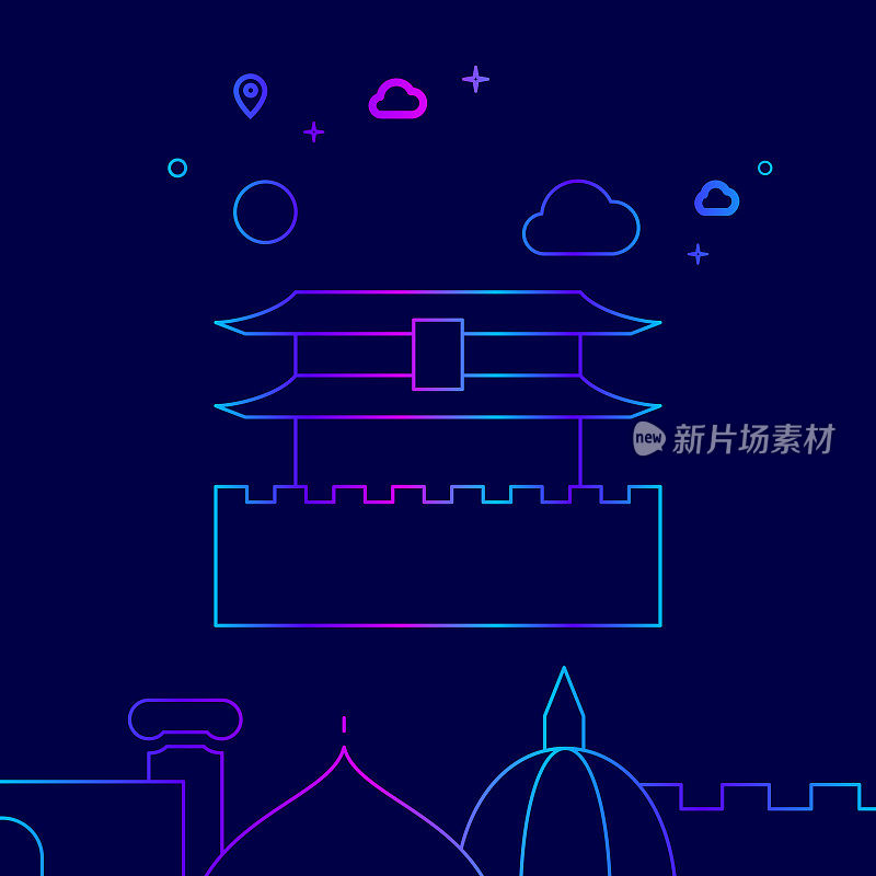 紫禁城，北京，中国矢量线图标，插图在一个深蓝色的背景。相关的底部边界
