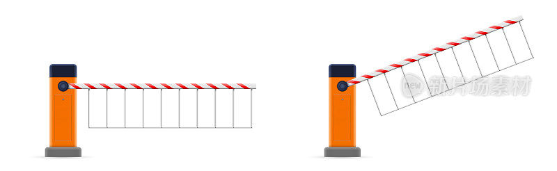 创意矢量插图的开放，封闭的停车汽车障碍门设置与停止标志隔离在透明的背景。艺术设计街路止边界。抽象概念图形元素