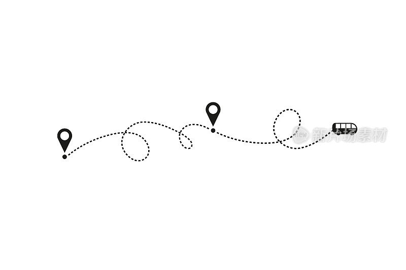 旅游和旅游概念。白色背景上的公交线路路径。带有虚线轨迹的公交路线矢量图标，起点和换乘点。矢量图