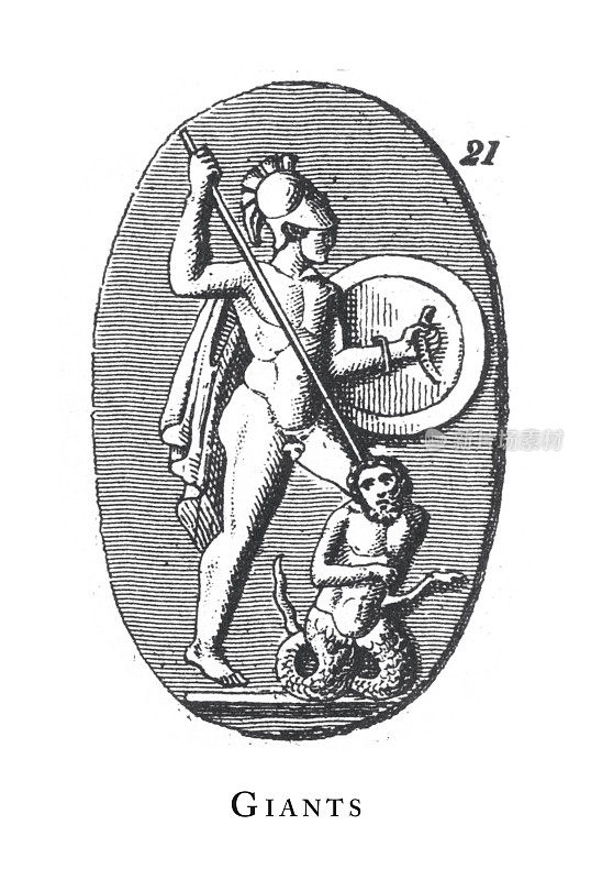 希腊和罗马的巨人、传说和神话场景和人物雕刻古董插图，1851年出版