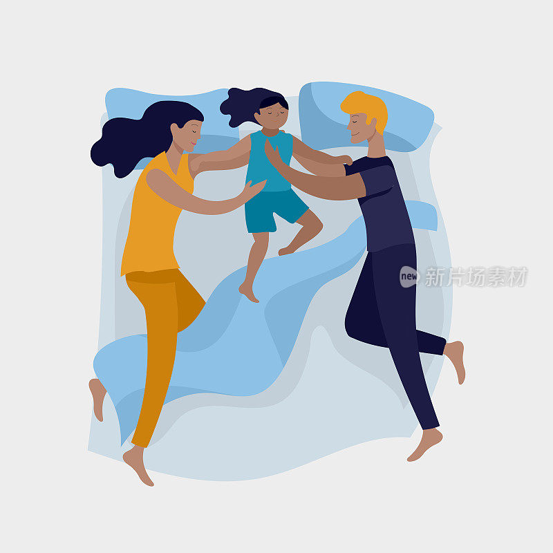 收集睡觉的人的性格。有孩子的家庭在床上睡在一起和单独在不同的姿势，不同的姿势期间