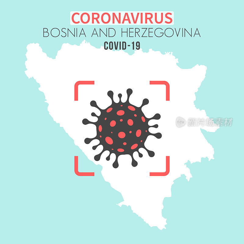 波斯尼亚和黑塞哥维那地图，红色取景器中有冠状病毒(COVID-19)细胞