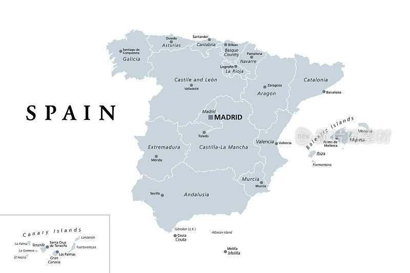 西班牙，灰色的政治地图和行政区划