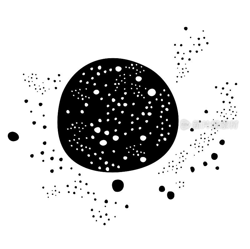 满月太阳行星恒星漂浮在太空和银河系。简约的黑白单色插图设计。圆形的陨石坑，星星在白色的背景。宇宙探索艺术版画，艺术海报，明信片，家居装饰。