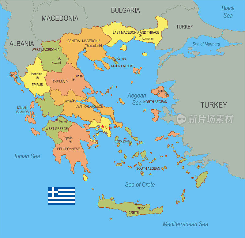 带旗帜的希腊平面地图
