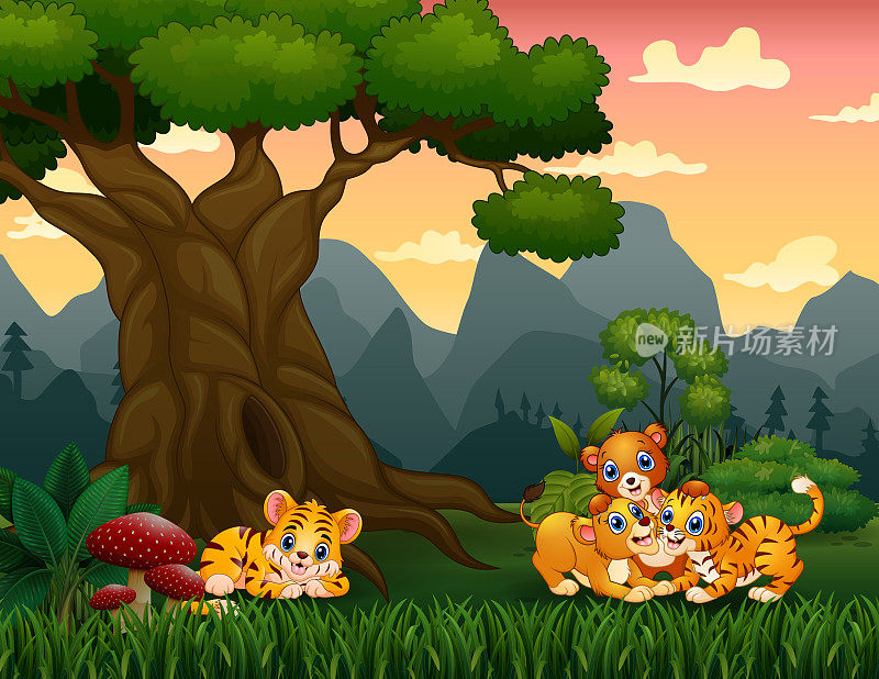 老虎幼崽和狮子在大树下玩耍的插图
