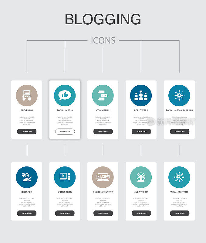 博客信息图10步UI设计。社交媒体，评论，博客，数字内容简单的图标