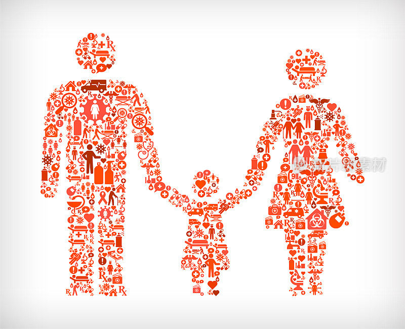 父母和女儿流感冠状病毒图标模式