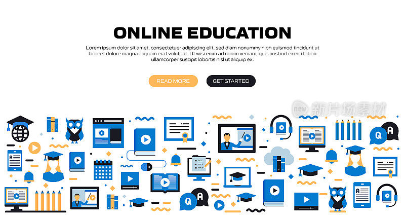 电子学习，在线教育，家庭学校相关的矢量组的平面图标和网页横幅设计