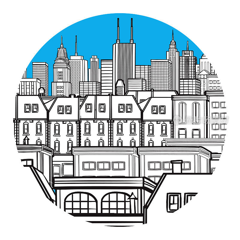 城市景观矢量插图绘制蓝黑白圆设计