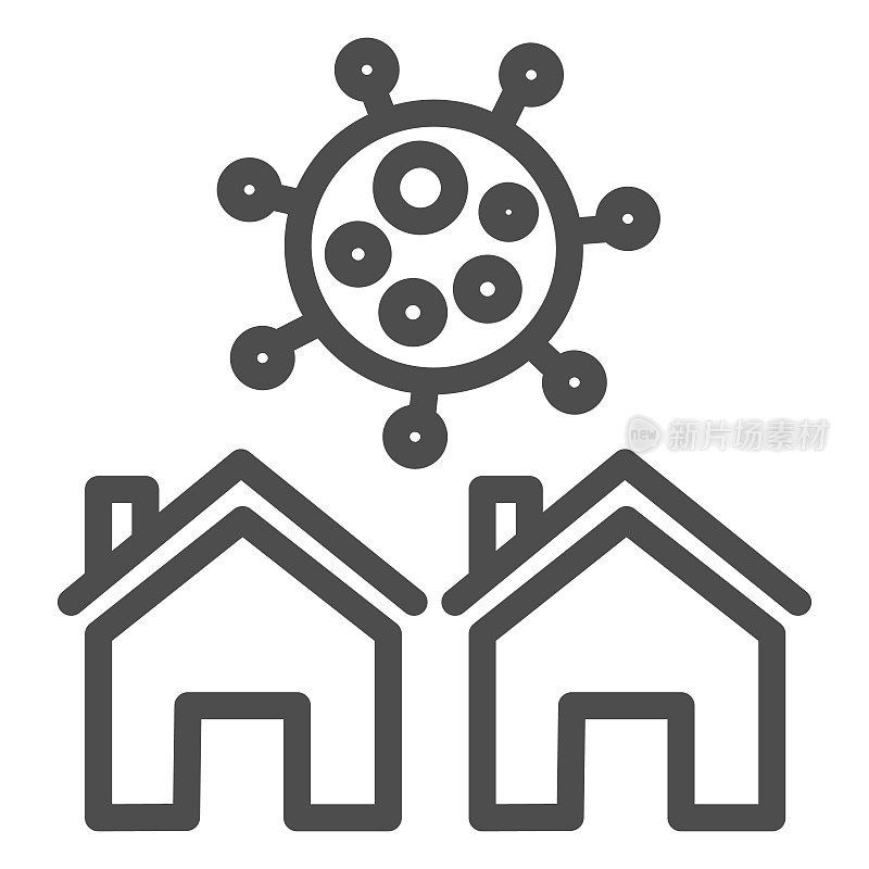 两幢建筑和冠状病毒细胞系图标，冠状病毒意识概念，居家自我隔离标志白色背景，居家安全标志轮廓风格。矢量图形。