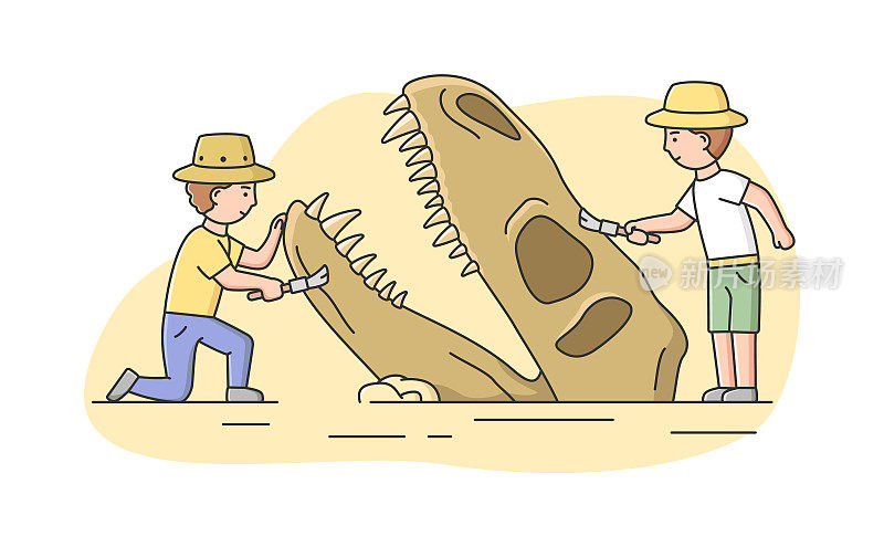 考古挖掘的概念。在古代遗迹中挖掘恐龙遗迹的考古学家。探索古代文化的人们。卡通线性轮廓平面矢量插图