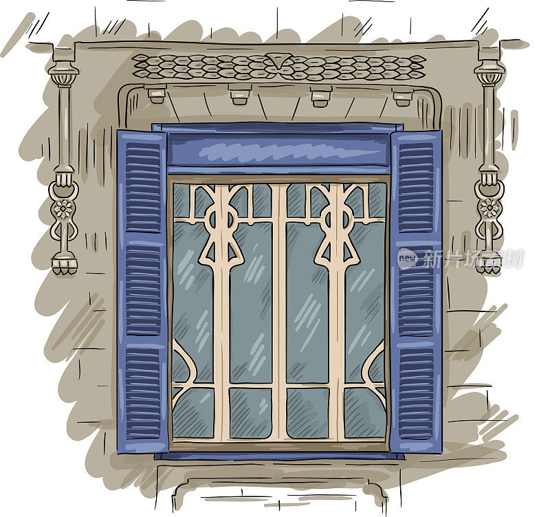手绘窗口。带有蓝色百叶窗的复古艺术建筑窗户