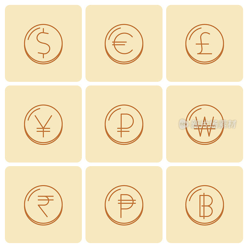 世界货币符号的硬币。矢量瘦轮廓图标集。