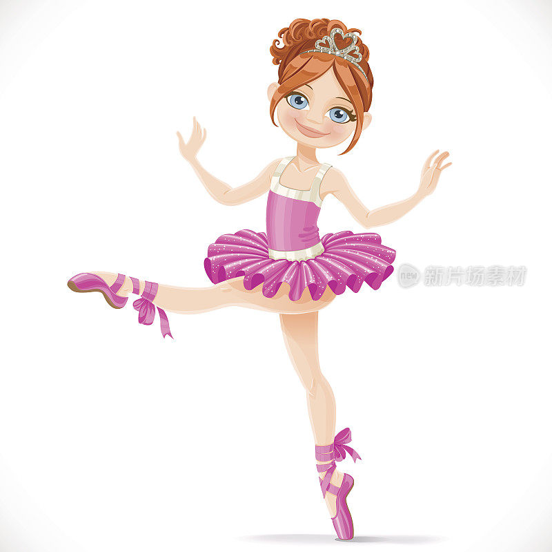 优雅的棕发女芭蕾舞女穿着粉红色的裙子跳舞