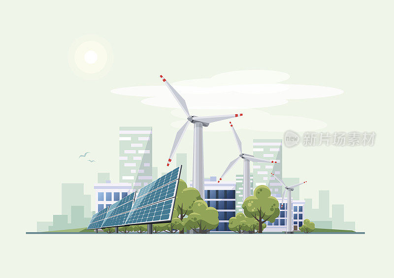 绿色生态城市，拥有太阳能电池板和风力涡轮机