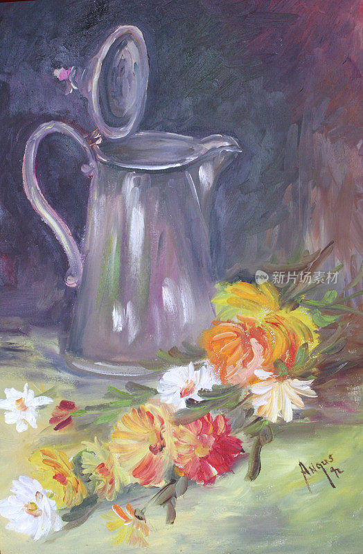 一幅茶壶和花的画